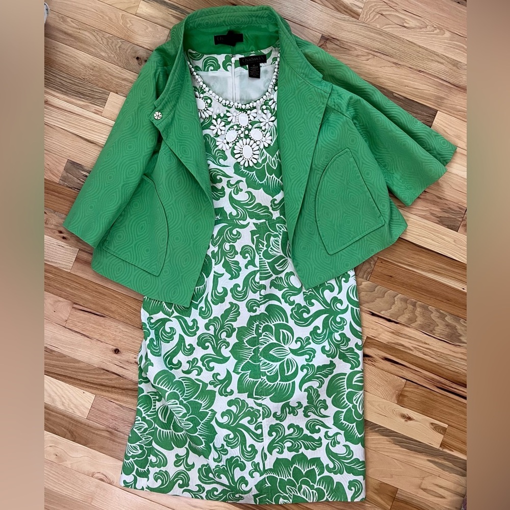 Chadwick’s Green & White Beaded Collar Sleeveless Dress & Green Short Sleeve Cap